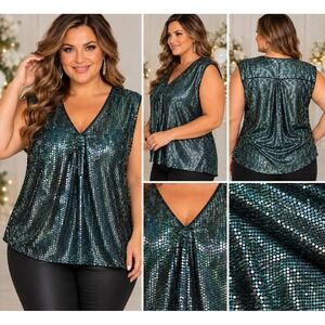 Adrienne Womens 1X Green Iridescent Sequin V Neck Sleeveless Blouse NWT USA